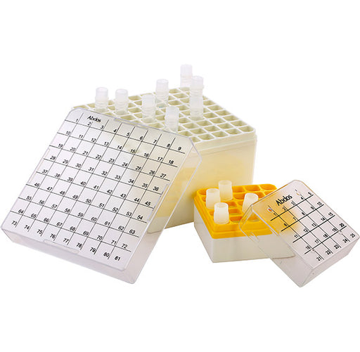 Abdos Cryo Box, Polycarbonate (PC) for 1.0 and 2.0ml, 81 Places in a 9 x 9 Array, Yellow, 4/CS